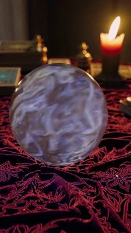 Glowing crystal ball standing on red velvet tablecloth with tarot cards and burning candle in a fortune teller room, creating a mysterious atmosphere