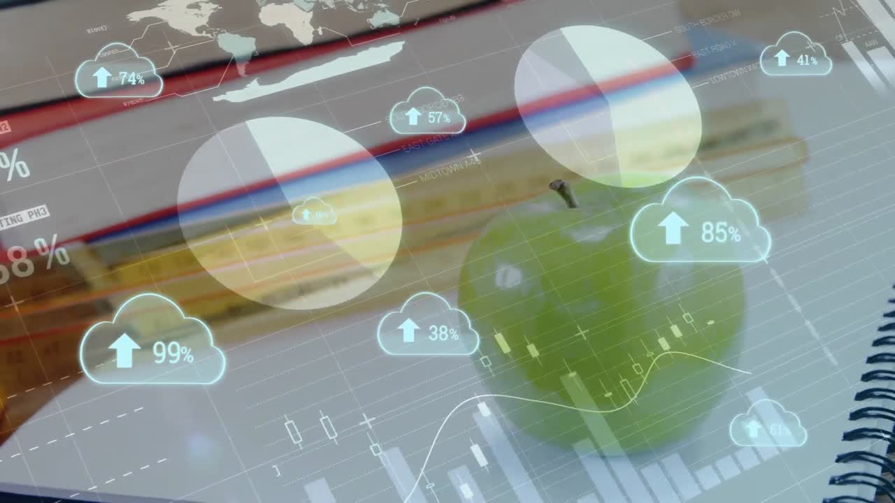 데이터 처리에 대한 책상 애니메이션과 백그라운드에서 표시되는 통계