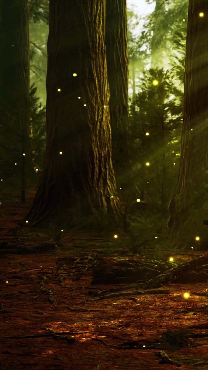 Foresta incantata illuminata da lucciole durante un'ora serena del crepuscolo.