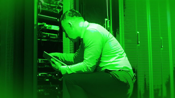 Animation of green shade over caucasian male worker in server room