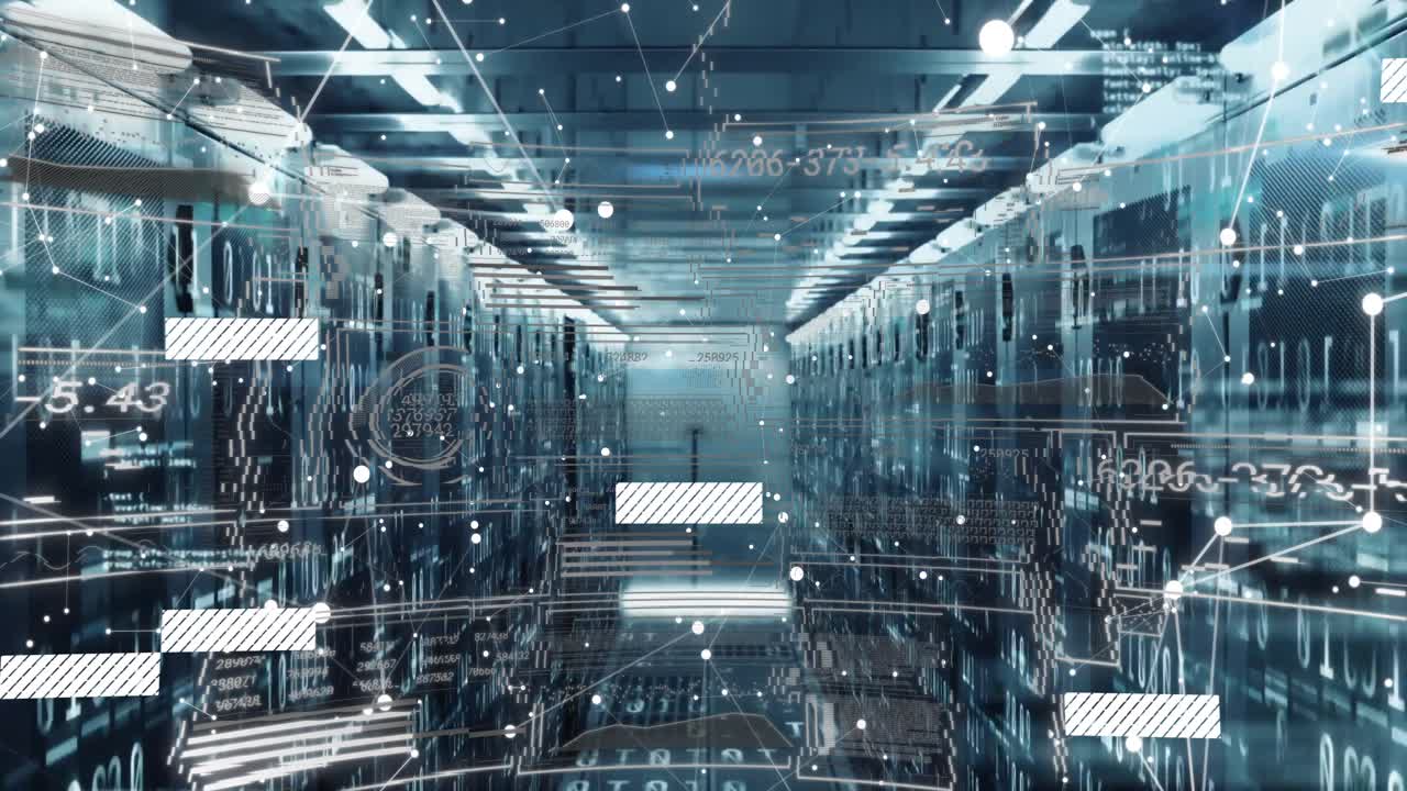 Opening initiating network fading over aisle, data bars sliding, camera advancing showing data flow