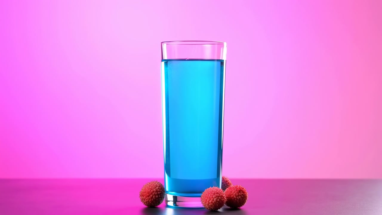 Un lento movimento in avanti avvicina un bicchiere trasparente di liquido ciano-blu brillante e frutti rossi raggruppati e testurizzati, rivelando riflessi lucidi contro uno sfondo da studio rosa saturo.