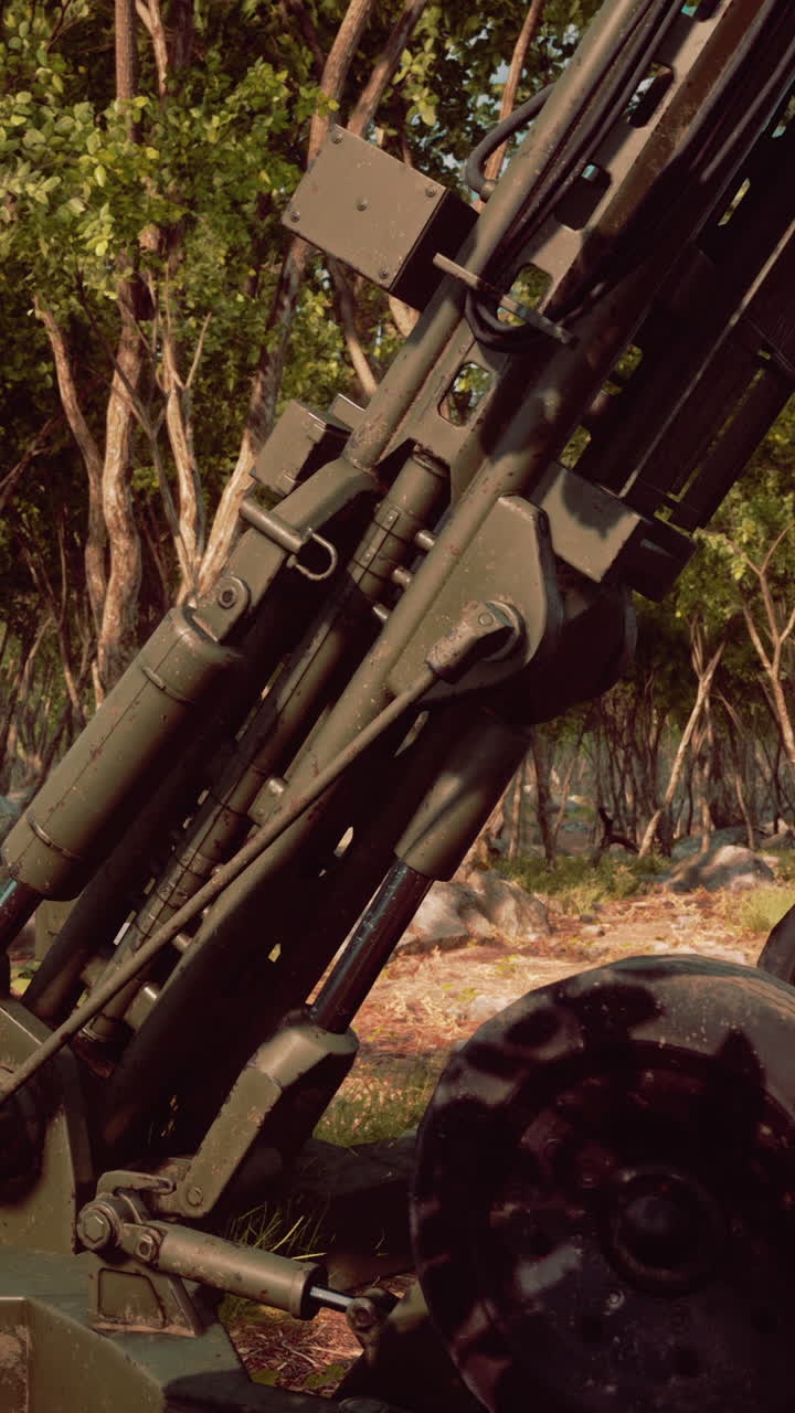 primer plano de un cañón de artillería militar en un entorno forestal