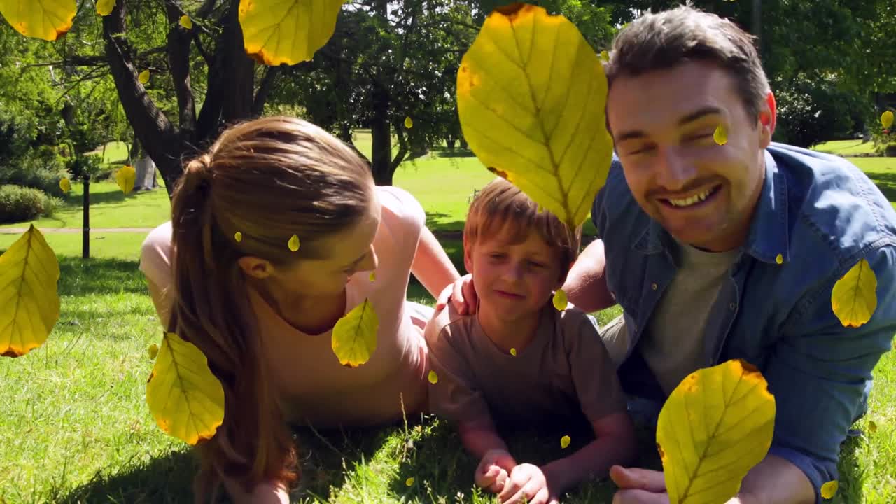 animación de caer amarillo sobre la familia caucásica