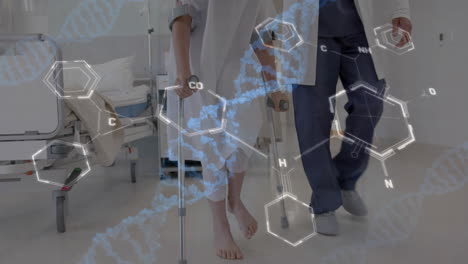 Animation-of-dna-strand-and-data-processing-over-doctor-with-patient