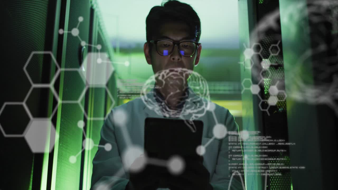 Animation of medical data processing over asian male engineer using digital tablet at server room