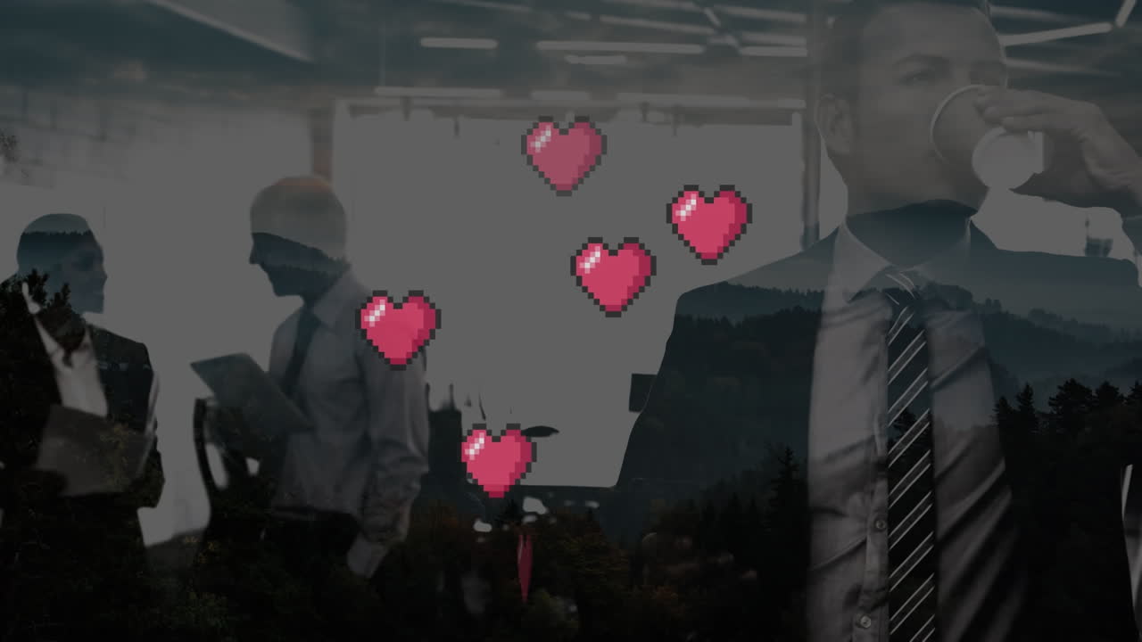 사무실에서 다양한 사업가들 위에 떠다니는 마음의 애니메이션