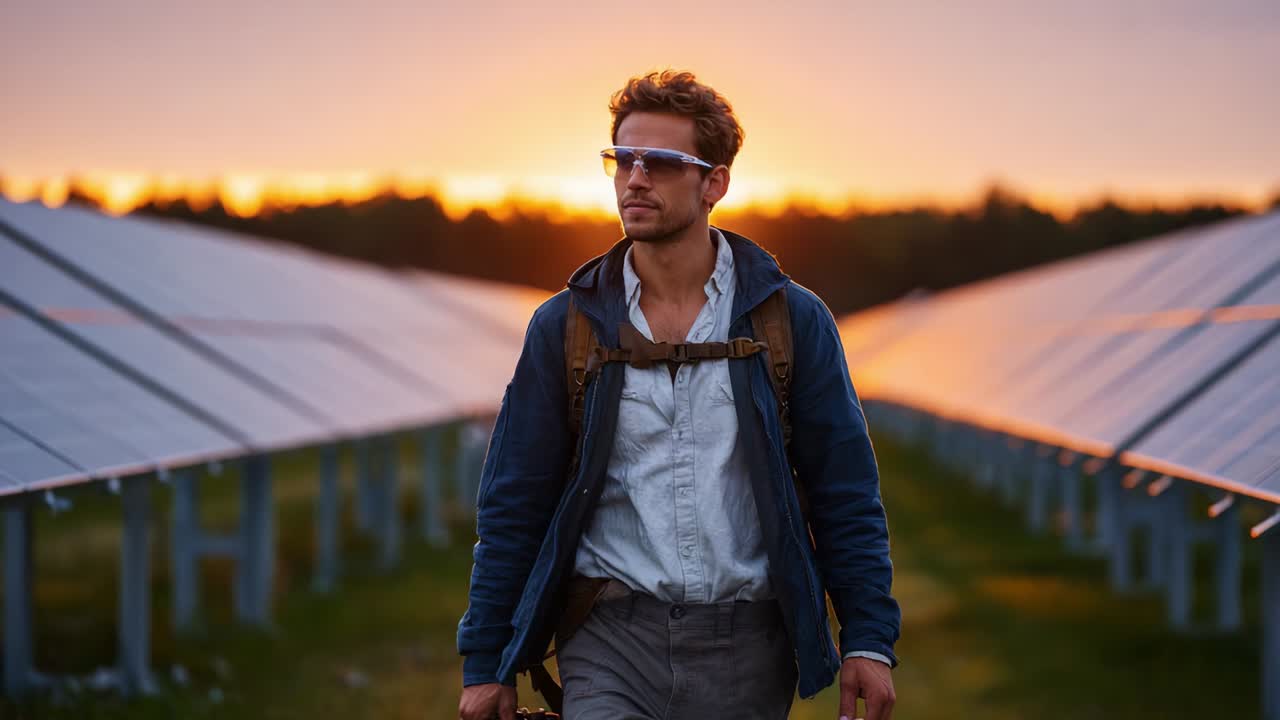 A Solar Energy Worker Walking Through a Solar Farm at Sunset, Showcasing the Blend of Nature and Renewable Technology with Photovoltaic Panels Reflecting the Beautiful Colors of Dusk