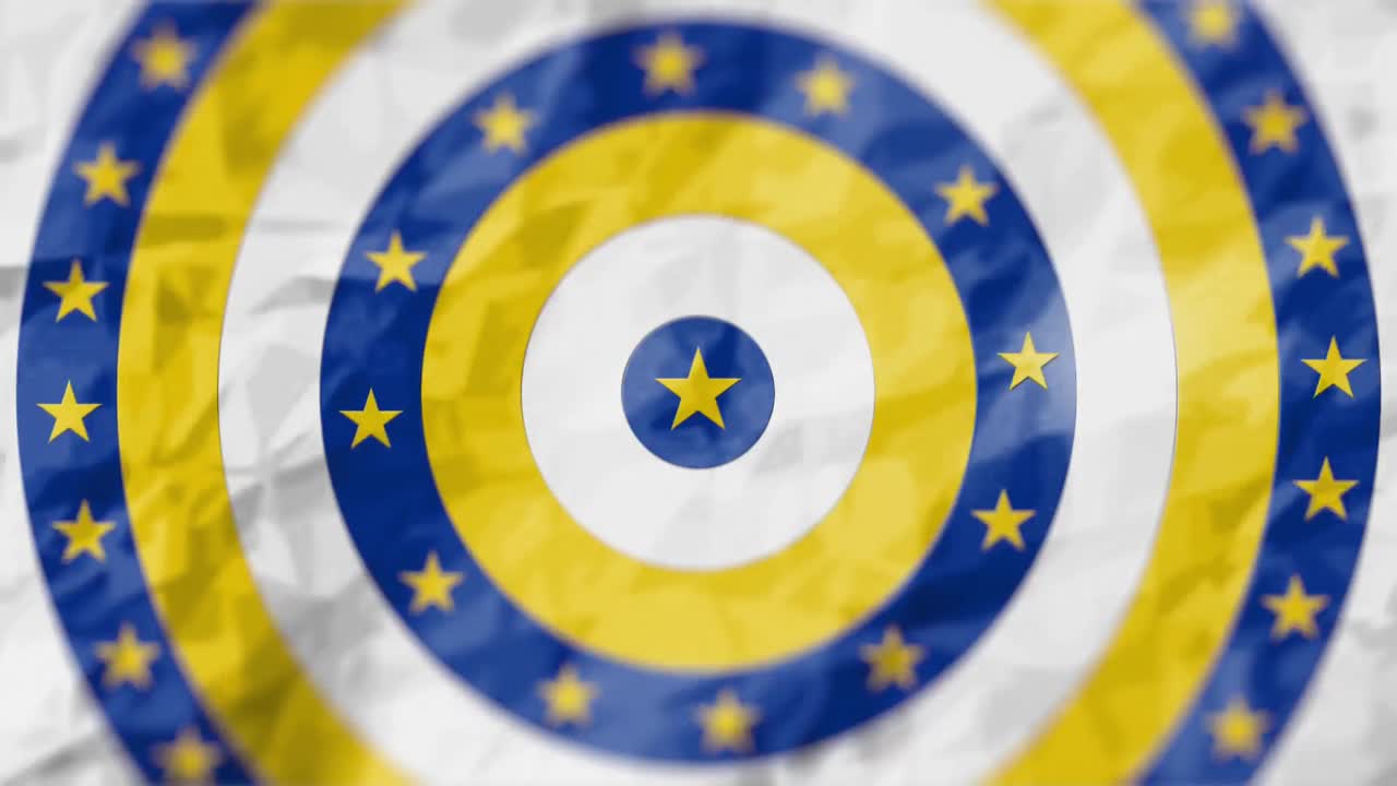 Animazione di carta stropicciata con stella gialla al centro su cerchi stellari gialli e blu