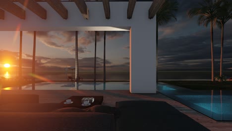 4k video of modern house in luxurious style by the sea or ocean on sunset