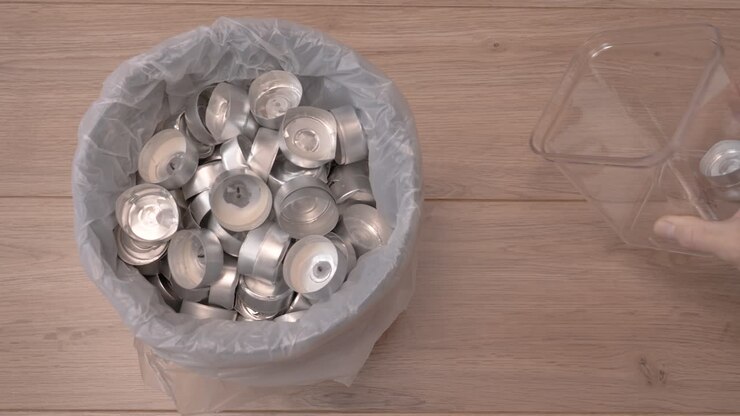 A man throws candle cups from a container into a trash bin for recycling