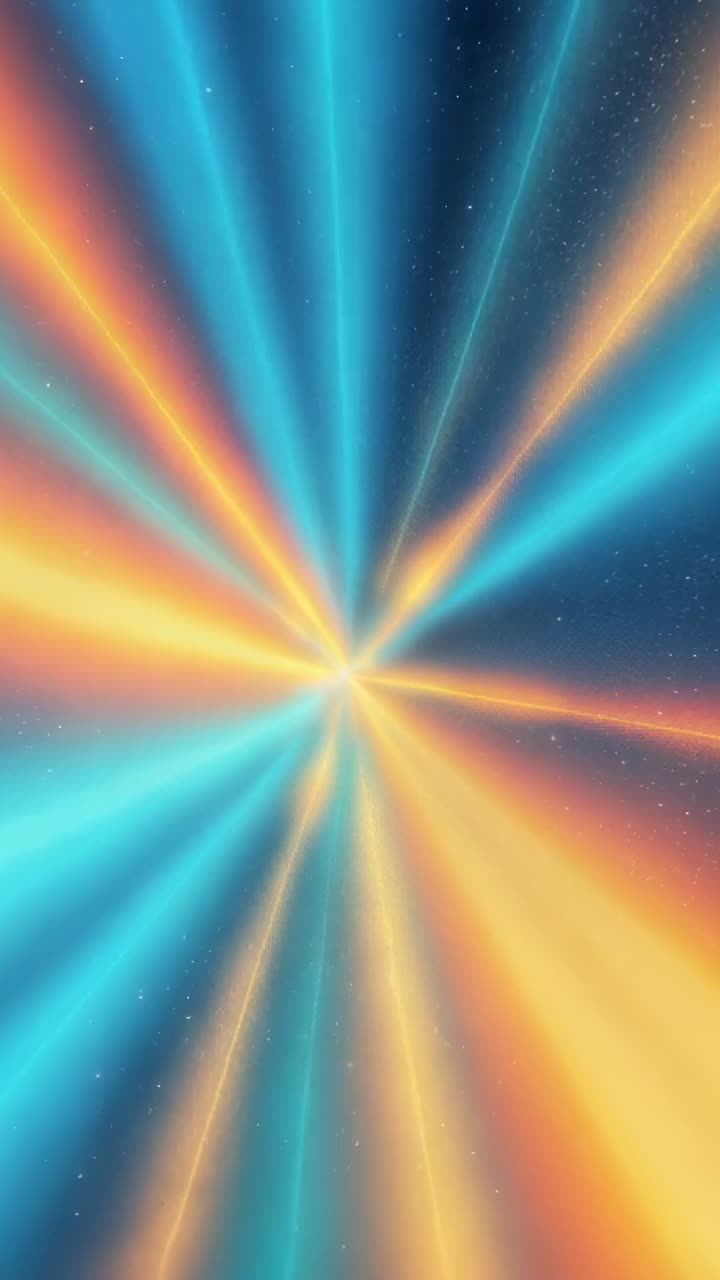 Vertical video: Bursting radial orange teal light beams rotating pulsating in space, showing stars
