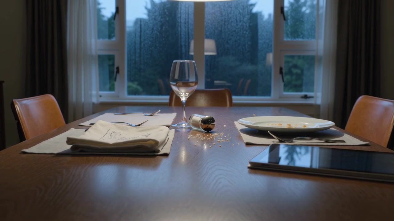 Pushing camera revealing dining table at home, capturing tipped shaker, wine glass, tablet in rain