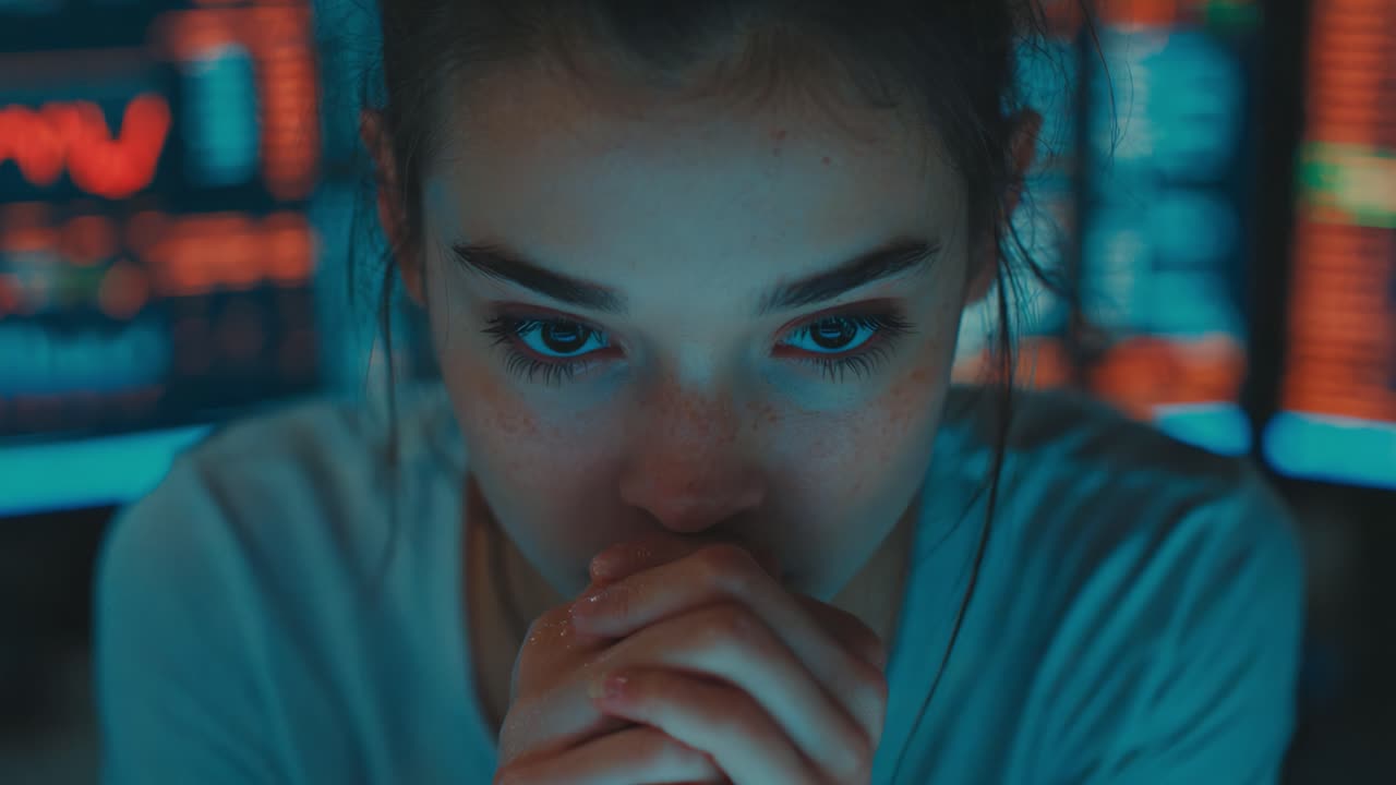 A Moment of Introspection: A Pensive Young Woman with a Focused Expression Amidst Dynamic Financial Data in the Background