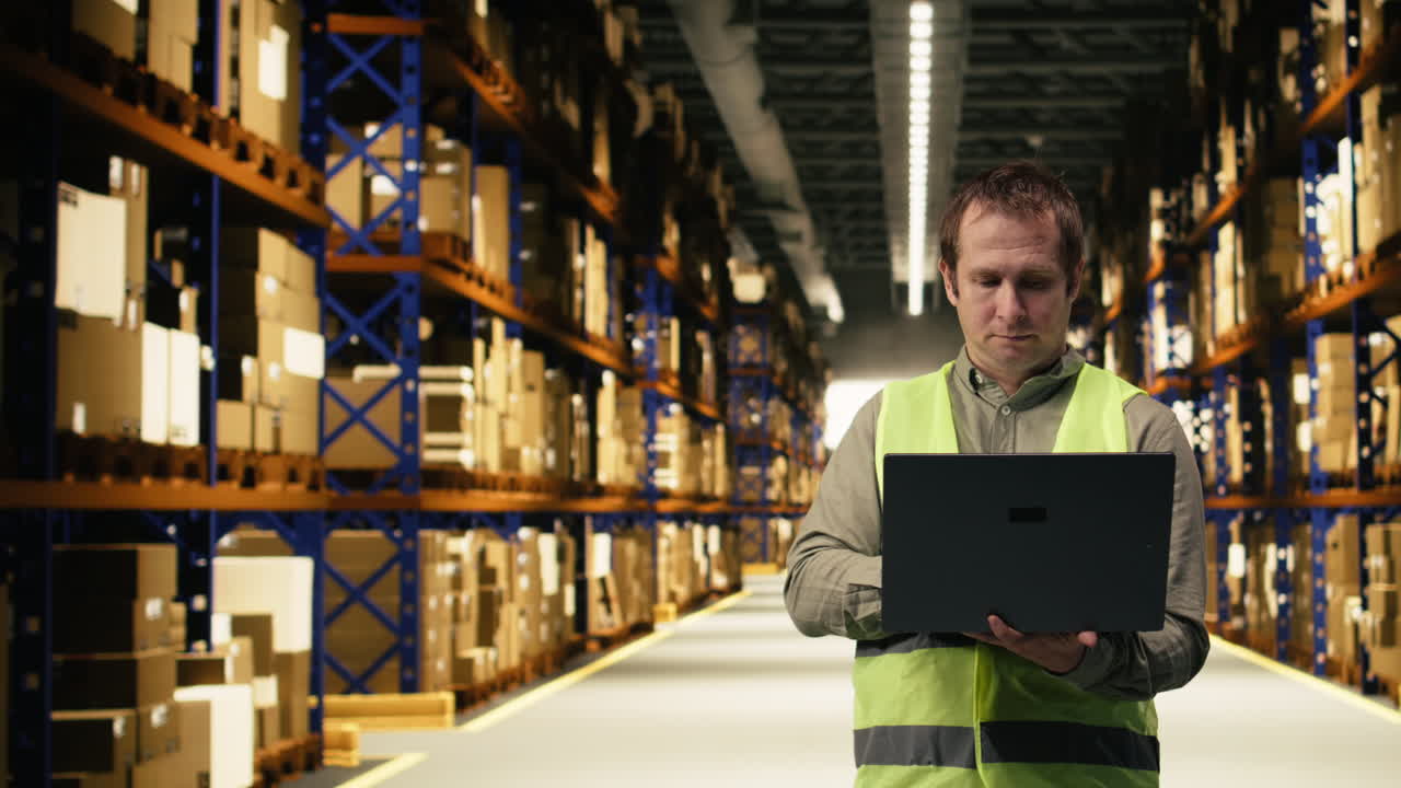 Ritratto di personale maschile in un magazzino di produzione trafficato, mentre controlla i pallet.