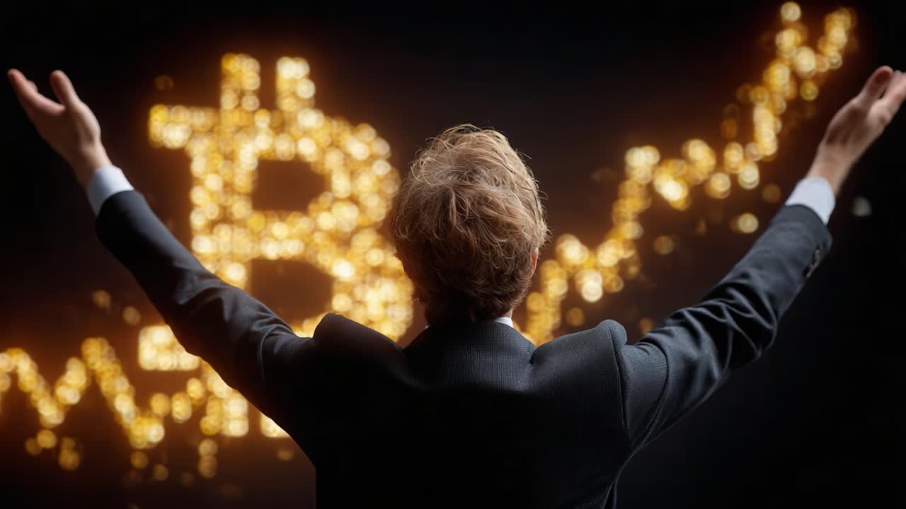 A triumphant figure celebrates the rise of cryptocurrency, illuminated by sparkling Bitcoin symbols and an upward financial graph, symbolizing success and wealth in the digital age