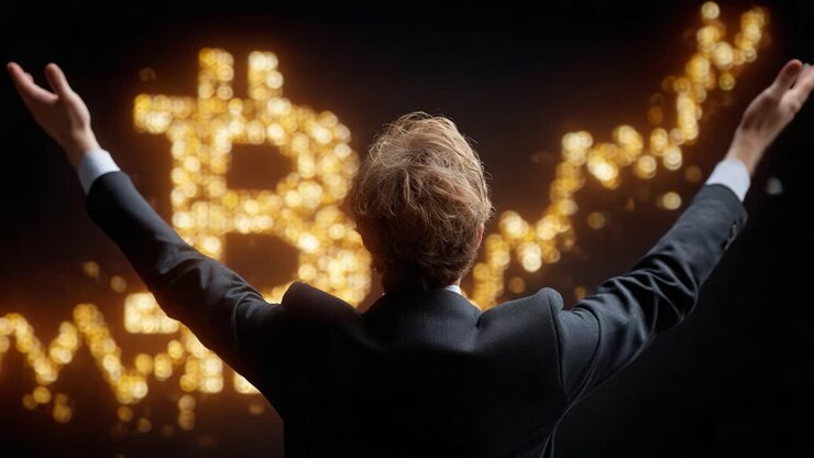 Una figura trionfante celebra l'ascesa delle criptovalute, illuminata da scintillanti simboli di Bitcoin e da un grafico finanziario in crescita, che simboleggia il successo e la ricchezza nell'era digitale.