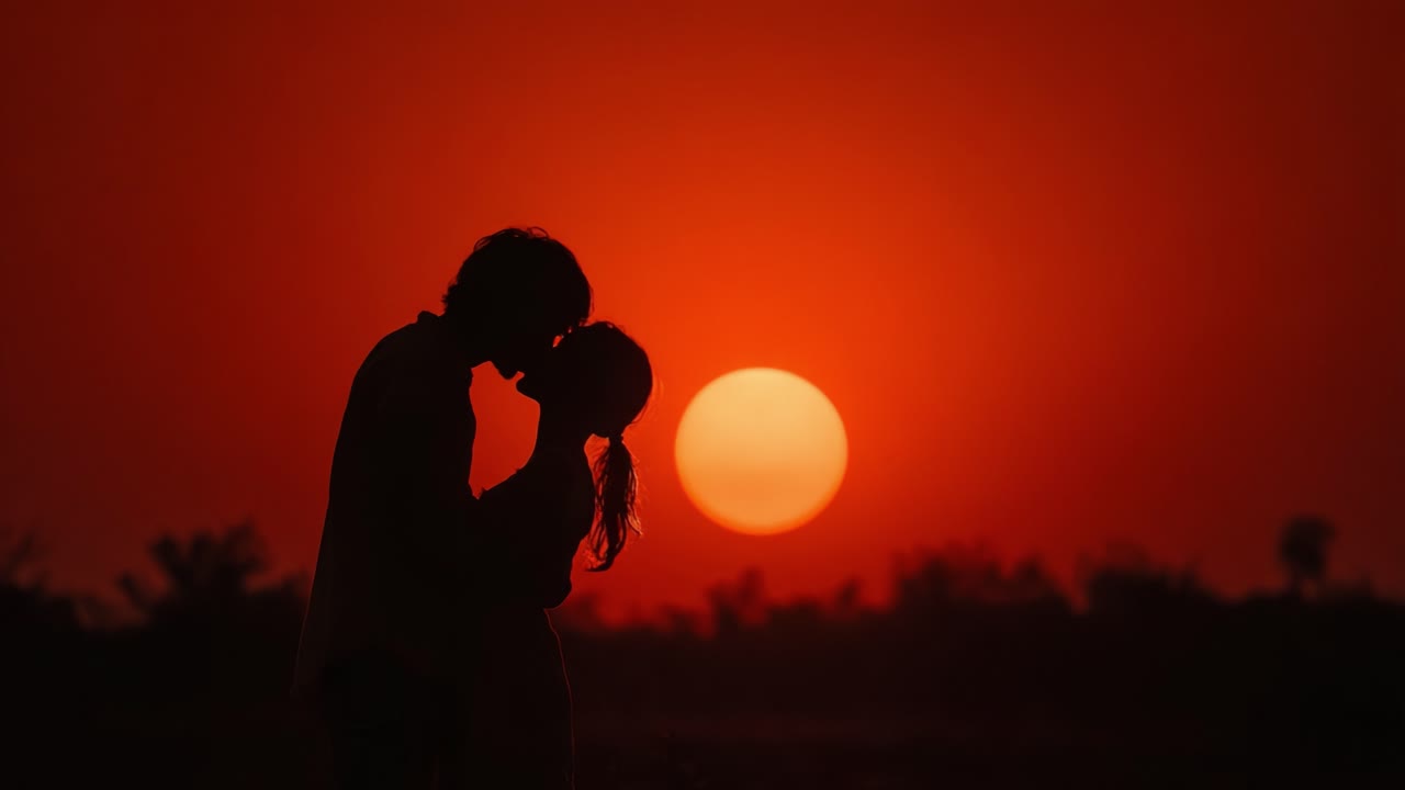 Romantic Silhouette of a Couple Embracing Against a Stunning Sunset, Capturing the Essence of Love and Togetherness in a Serene Moment
