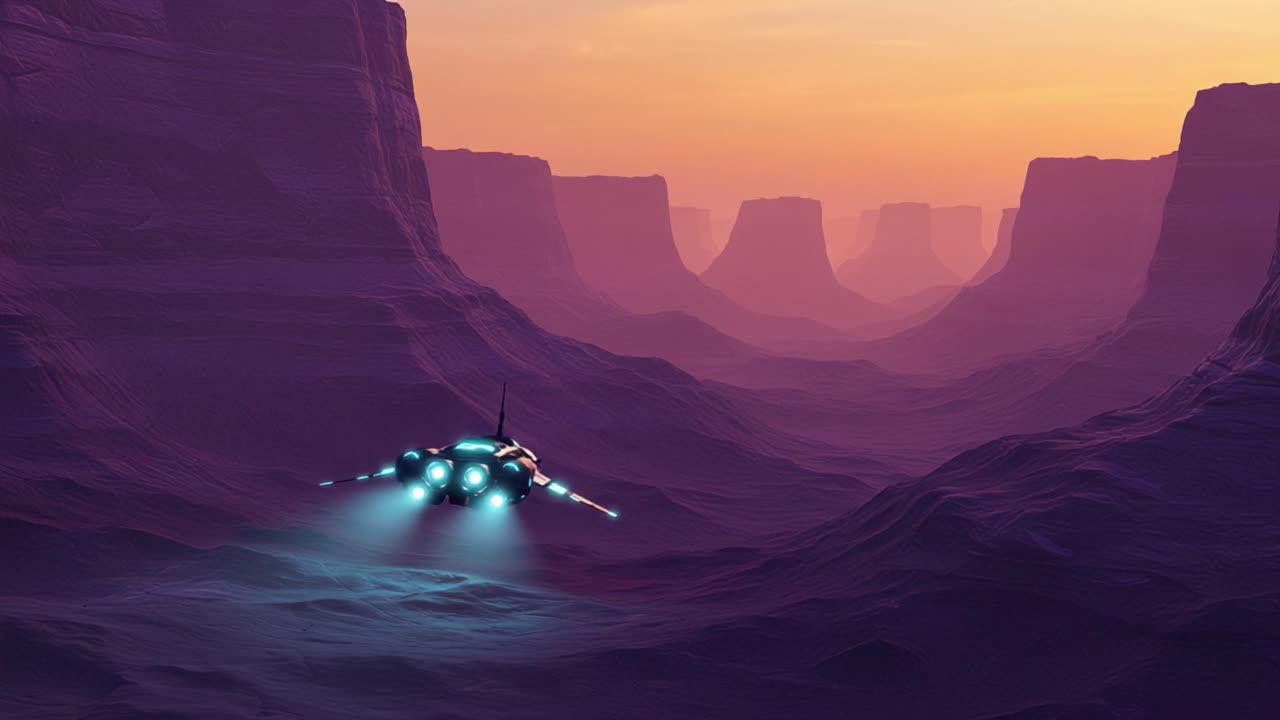 A Futuristic Vessel Glides Through a Stunning Purple Canyon Landscape at Dusk, Showcasing Advanced Technology Against a Breathtaking Natural Backdrop
