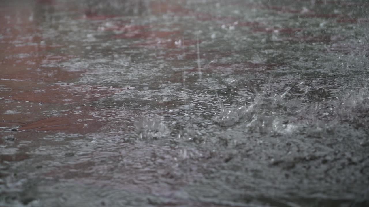 Heavy rain on a city street. Great summer downpour. Large drops fall on the asphalt.