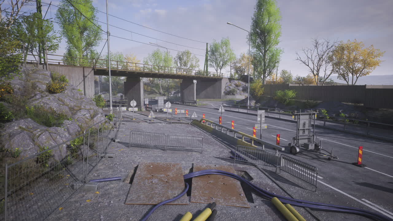 Construction work disrupts traffic near bridge in urban environment