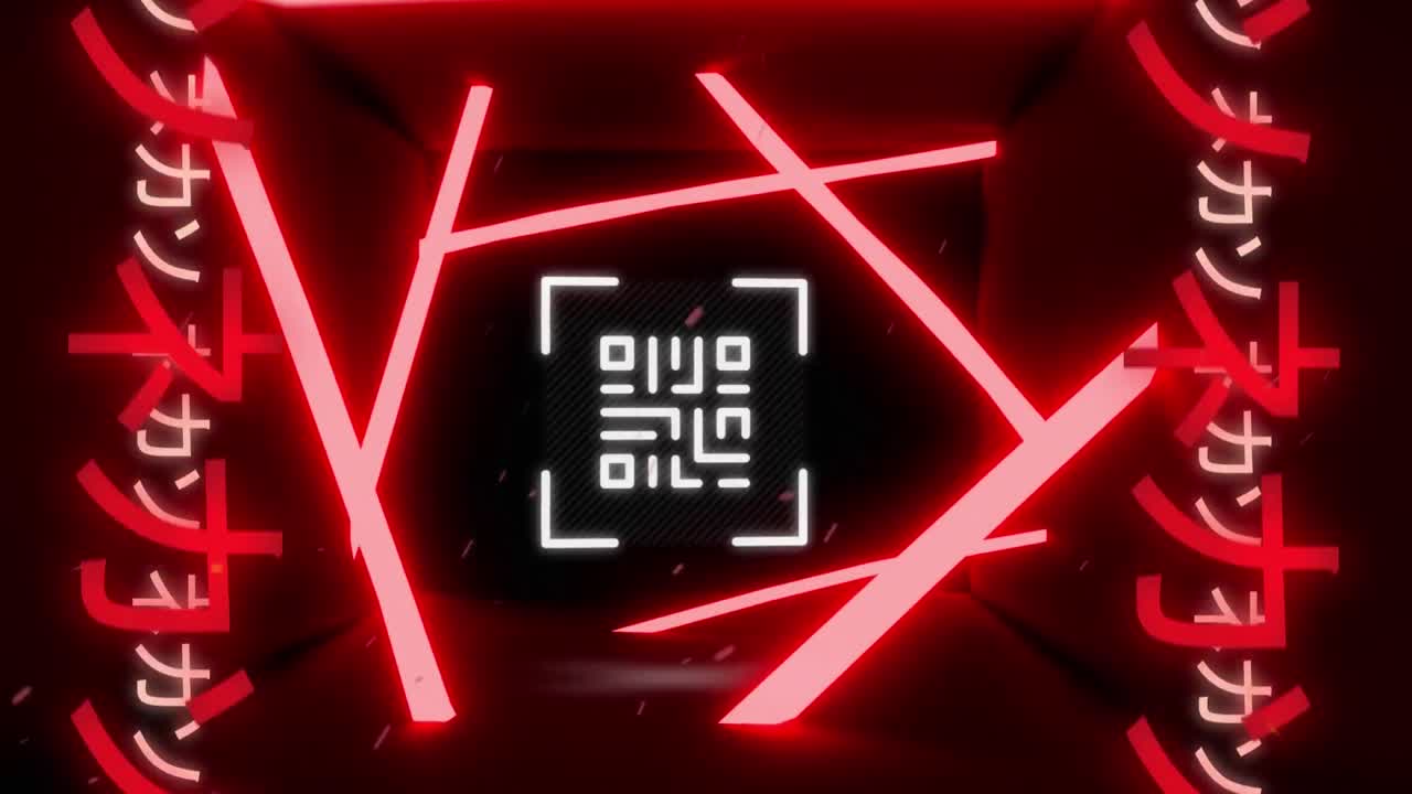 сканер qr-кода с неоновыми элементами против азиатского письма на черном фоне