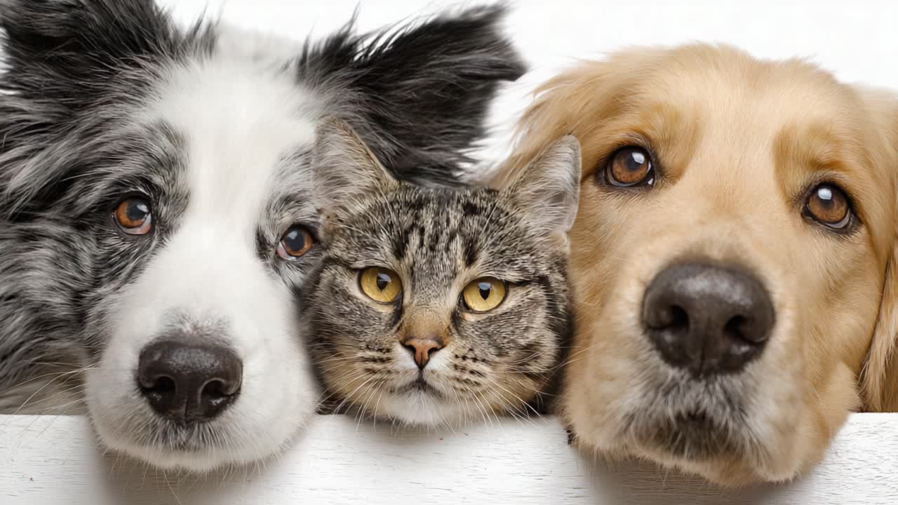 Adorable Companions: A Heartwarming Portrait of Three Beloved Pets Featuring a Cat and Two Dogs Displaying Unbreakable Bonds and Affection