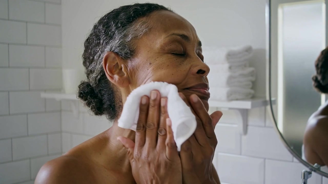 Finishing face cleansing, senior woman blotting and patting skin in bathroom, with white towel