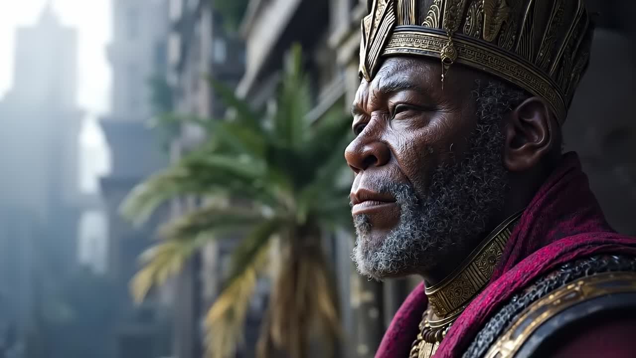 A man in a crown standing in front of a city