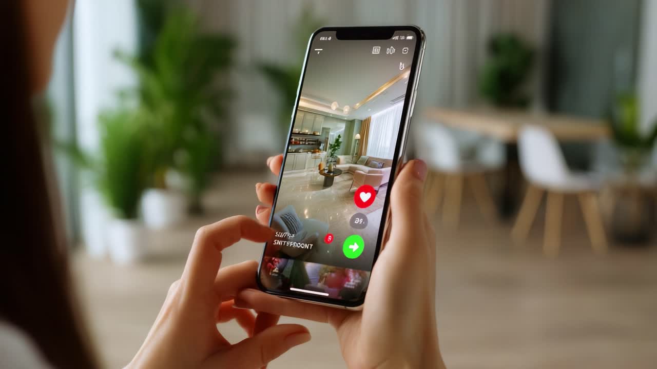 A close-up of a person using a smartphone to interact with a social media app, showcasing a beautifully designed modern interior space as the backdrop, capturing a digital lifestyle moment