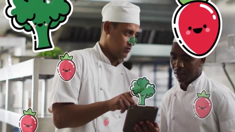 animation of vegetables and fruit icons over diverse chefs using tablet