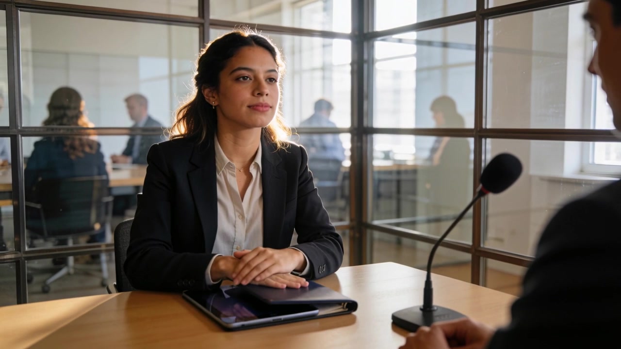 Smiling woman in blazer sorting folio, tablet after interviewer nod at glass conf room, mic present