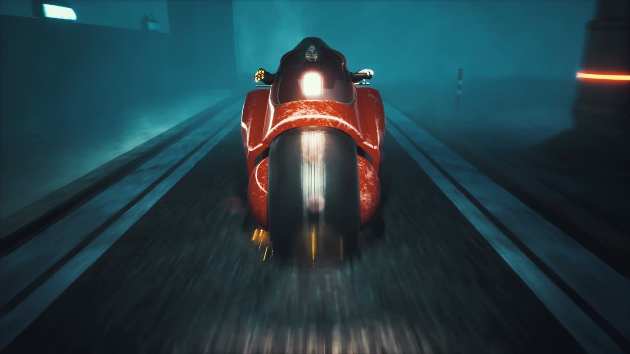 사이버 시티의 소녀는 엄청난 속도로 야간 거리를 따라 미래의 오토바이를 타고 가고 있습니다. 소설, 사이버 및 sf 배경에 대한 원활한 루프 애니메이션. 미래의 소설 도시의 전망.