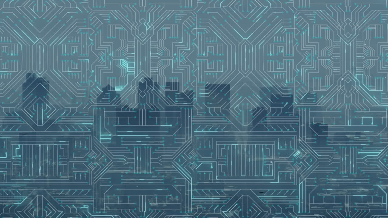 배경에 있는 현대 건물 위에 조명된 회로판 패턴의 애니메이션