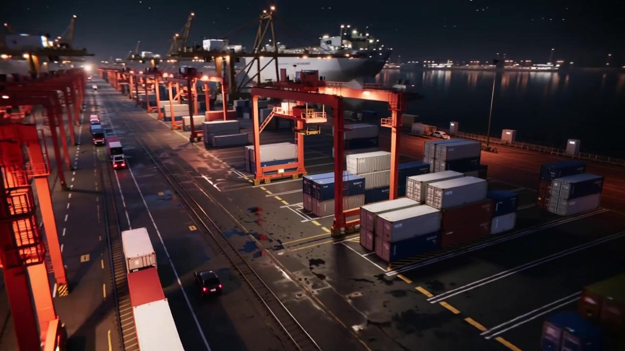 Pulling back camera revealing port terminal at night, showing mover, gantry cranes, trucks for view