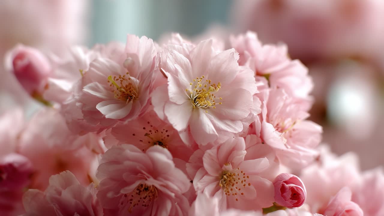 A Beautiful Display of Delicate Pink Blossoms Capturing the Essence of Spring: An Up-Close View of Lovely Cherry Flowers with Their Petals and Buds