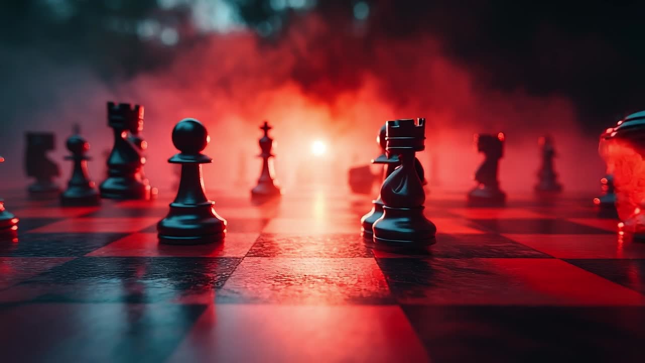 Eerie-lit chess pieces arranged. Dark chess pieces are illuminated by an eerie red glow, creating a mysterious atmosphere in the setting.