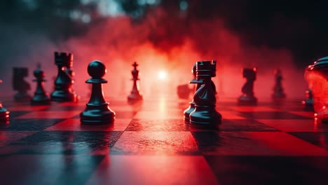 eerie-lit chess pieces arranged. dark chess pieces are illuminated by an eerie red glow, creating a mysterious atmosphere in the setting.