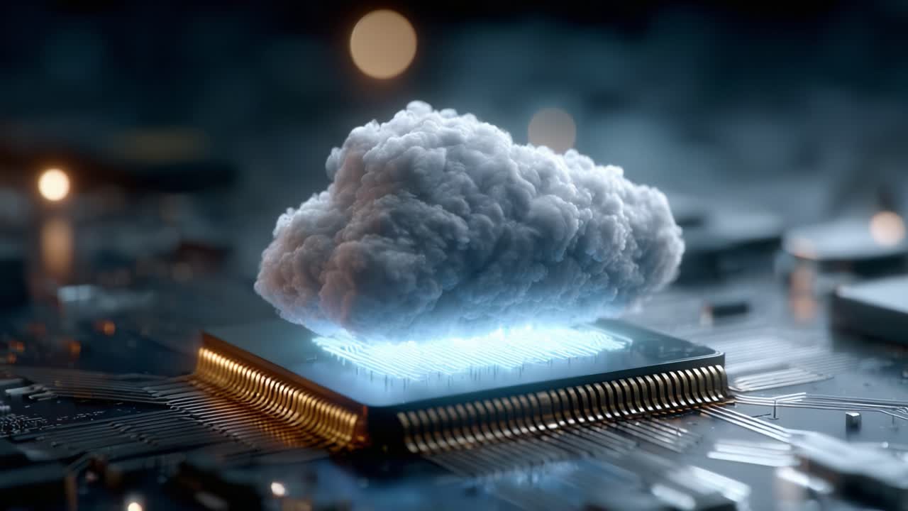 An Impressive Visual Depiction of a Cloud Over a Microchip, Representing the Intersection of Computing Power and Digital Cloud Technologies in Modern Innovation