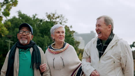 nature, conversation and senior people walking