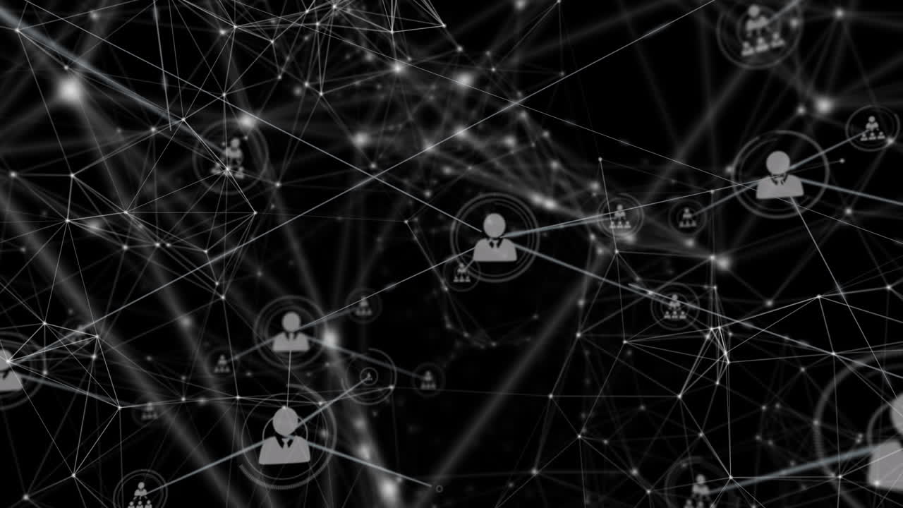 Animation of network of connections with icons on black background