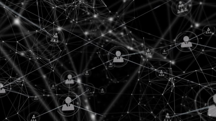 Animazione di rete di connessioni con icone su sfondo nero