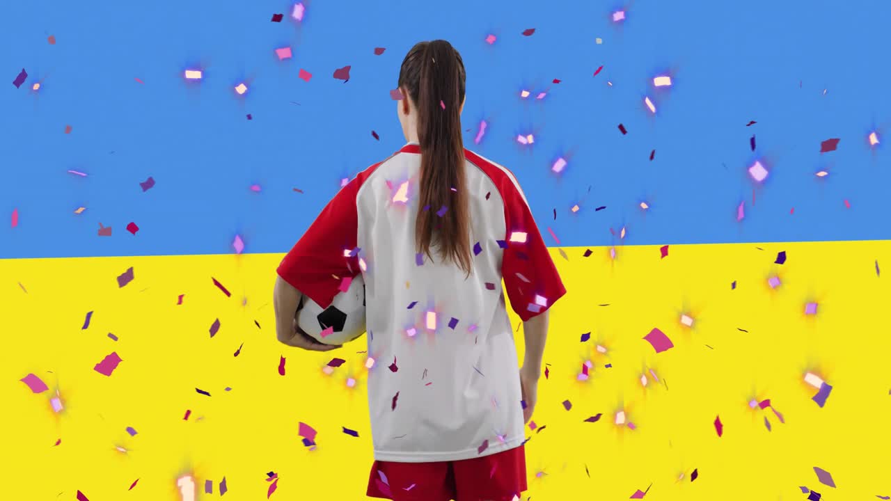 animación de una jugadora de fútbol caucásica sobre la bandera de ucrania.