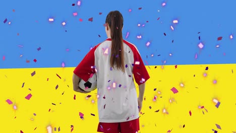 animation of caucasian female soccer player over flag of ukraine