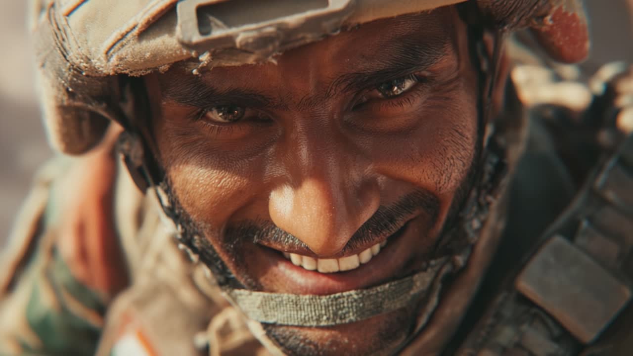 A Grinning Soldier's Determined Spirit Captured in a Close-Up Moment, Showcasing Strength, Resilience, and Brotherhood Amidst the Challenges of Duty
