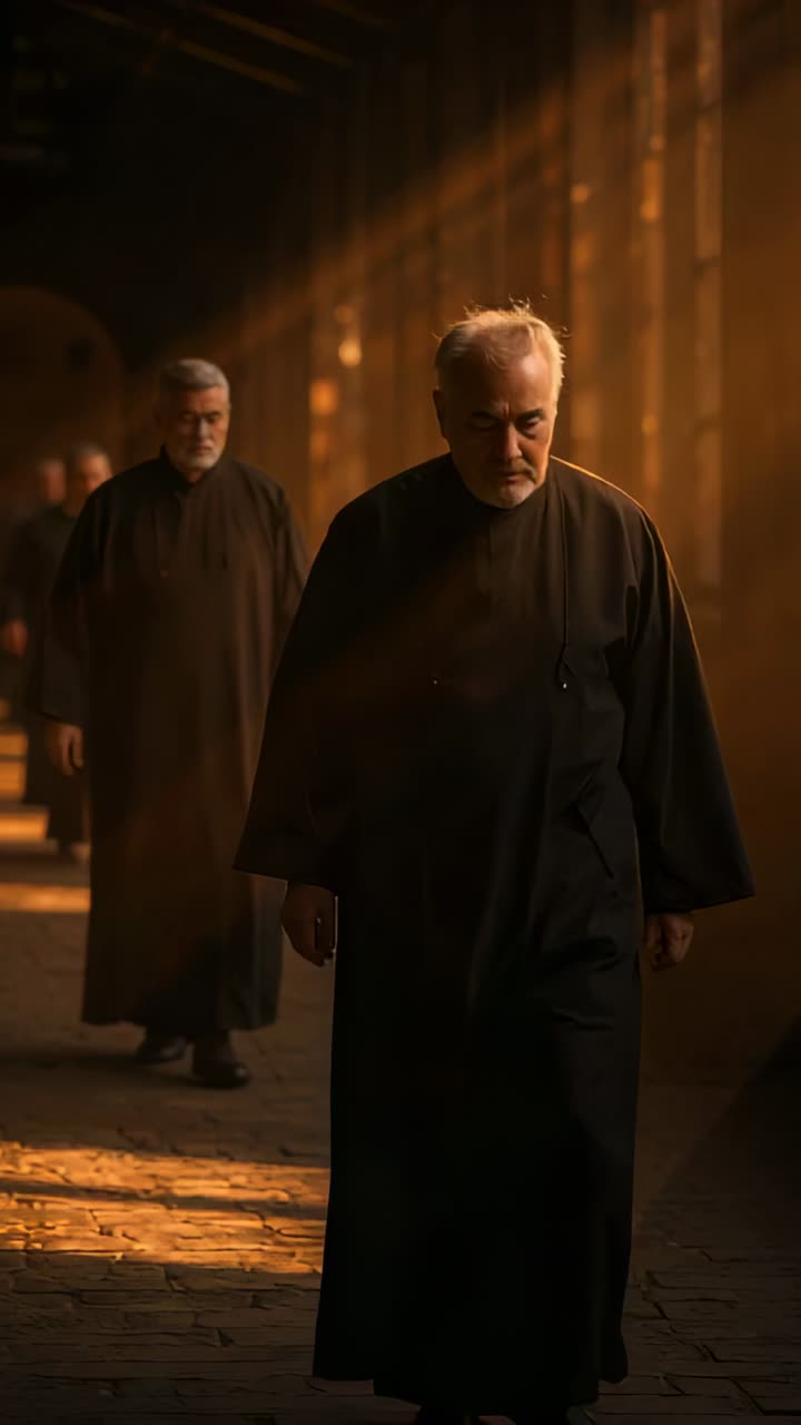 Vertical video: Walking Senior cleric leading procession, moving down cloister with long dark robes