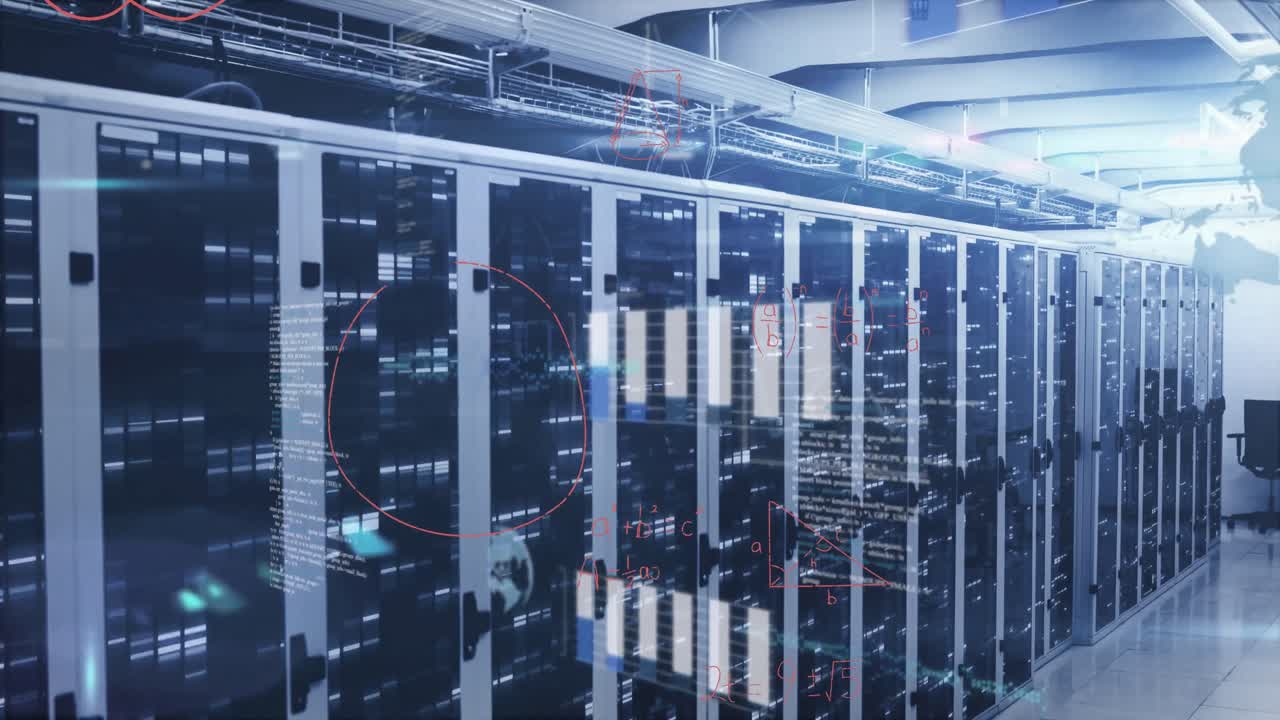 Animation of mathematical equations and data processing against empty computer server room