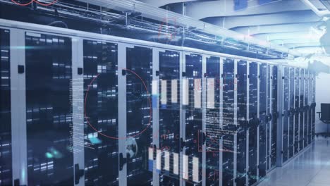 animation of mathematical equations and data processing against empty computer server room