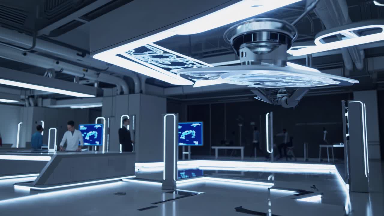 Futuristic lab with high-tech holographic displays, captured from a low angle