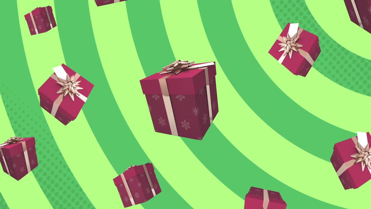 Animation of presents falling at christmas on green background